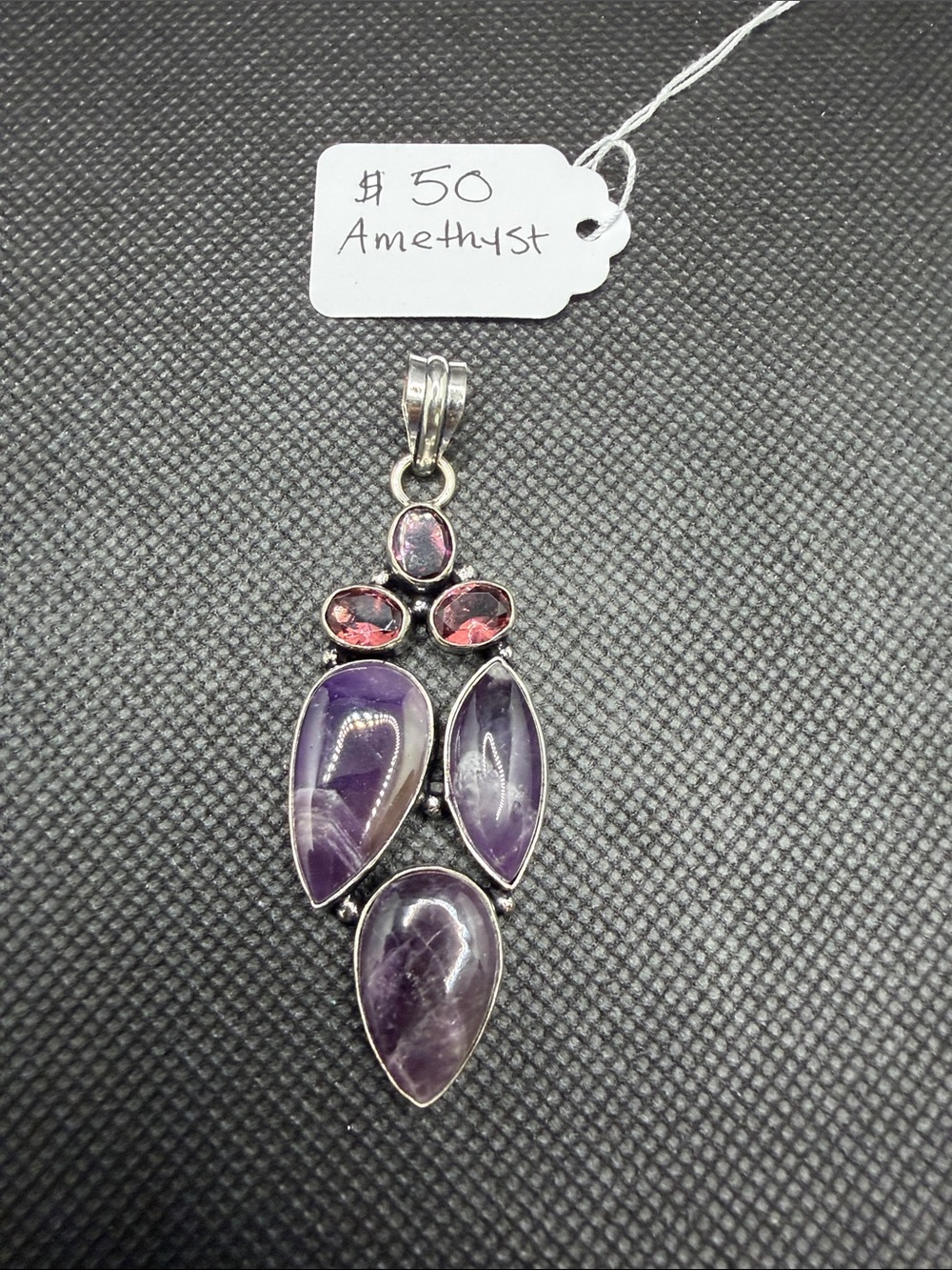 Cabochon and fasted Amethyst Gemstone Sterling Pendant - Purple Amethyst 2.6”